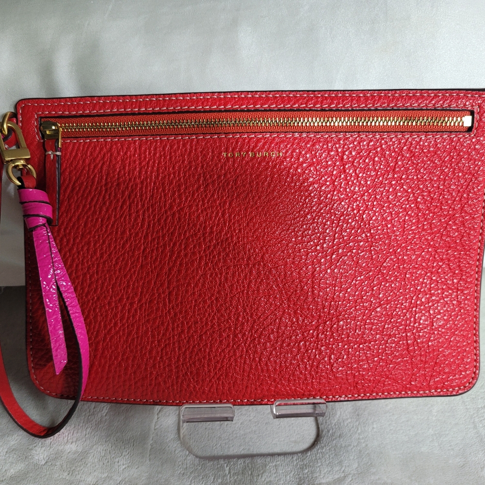 Tory Burch Red Pebbled Leather Wristlet with Pink Strap